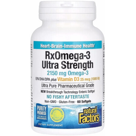 Омега-3 ультра и витамин D3, 2150 мг, RxOmega-3 Ultra Strength with Vitamin D3, Natural Factors, 60 гелевых капсул
