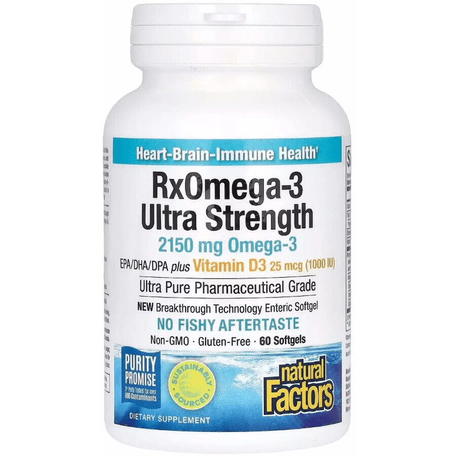 Омега-3 ультра та вітамін D3, 2150 мг, RxOmega-3 Ultra Strength with Vitamin D3, Natural Factors, 60 гелевих капсул: ціни та характеристики