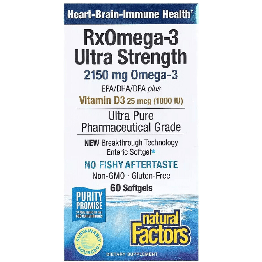 Омега-3 ультра и витамин D3, 2150 мг, RxOmega-3 Ultra Strength with Vitamin D3, Natural Factors, 60 гелевых капсул: цены и характеристики