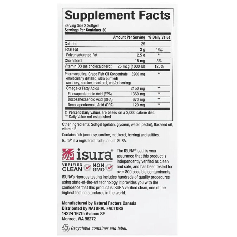 Омега-3 ультра и витамин D3, 2150 мг, RxOmega-3 Ultra Strength with Vitamin D3, Natural Factors, 60 гелевых капсул: цены и характеристики