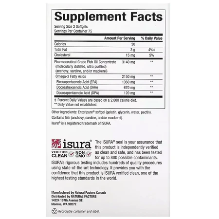 Омега-3 ультра, 2150 мг, RxOmega-3 Ultra Strength, Natural Factors, 150 гелевих капсул: ціни та характеристики