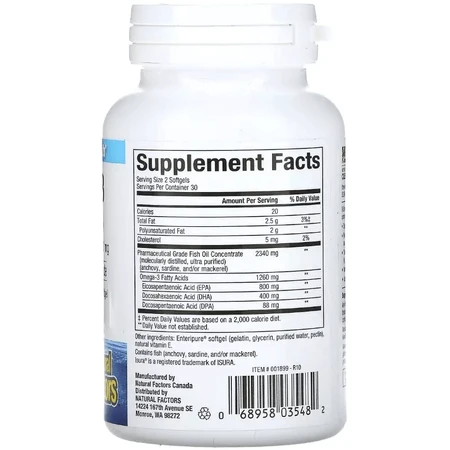Омега-3, 1260 мг, RxOmega-3, Natural Factors, 60 гелевых капсул: цены и характеристики