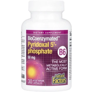 Пиридоксаль 5'-фосфат, витамин B6, 50 мг, BioCoenzymated, B6, Pyridoxal 5'-Phosphate, Natural Factors, 30 вегетарианских капсул