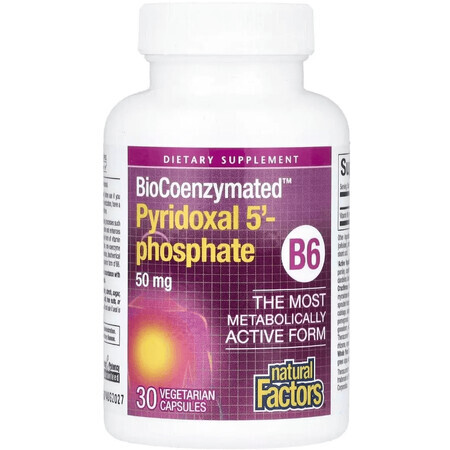 Пиридоксаль 5'-фосфат, витамин B6, 50 мг, BioCoenzymated, B6, Pyridoxal 5'-Phosphate, Natural Factors, 30 вегетарианских капсул