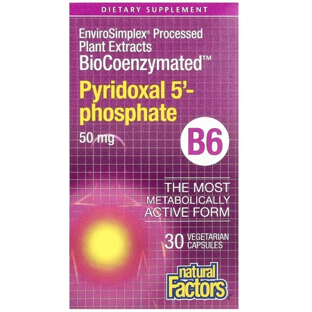 Пиридоксаль 5'-фосфат, витамин B6, 50 мг, BioCoenzymated, B6, Pyridoxal 5'-Phosphate, Natural Factors, 30 вегетарианских капсул: цены и характеристики