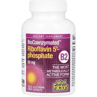 Рибофлавін 5'-фосфат, вітамін B2, 50 мг, BioCoenzymated, B2, Riboflavin 5'-Phosphate, Natural Factors, 30 вегетаріанських капсул