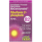 Рибофлавін 5'-фосфат, вітамін B2, 50 мг, BioCoenzymated, B2, Riboflavin 5'-Phosphate, Natural Factors, 30 вегетаріанських капсул: ціни та характеристики