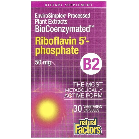 Рибофлавін 5'-фосфат, вітамін B2, 50 мг, BioCoenzymated, B2, Riboflavin 5'-Phosphate, Natural Factors, 30 вегетаріанських капсул: ціни та характеристики