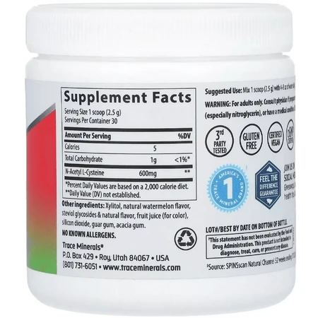 NAC N-ацетил L-цистеїн, 600 мг, смак кавуна, NAC Powder, Trace Minerals, 75 г: ціни та характеристики