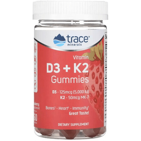 Вітамін D3 та K2, смак полуниці, Vitamin D3 + K2 Gummies, Trace Minerals, 60 жувальних цукерок