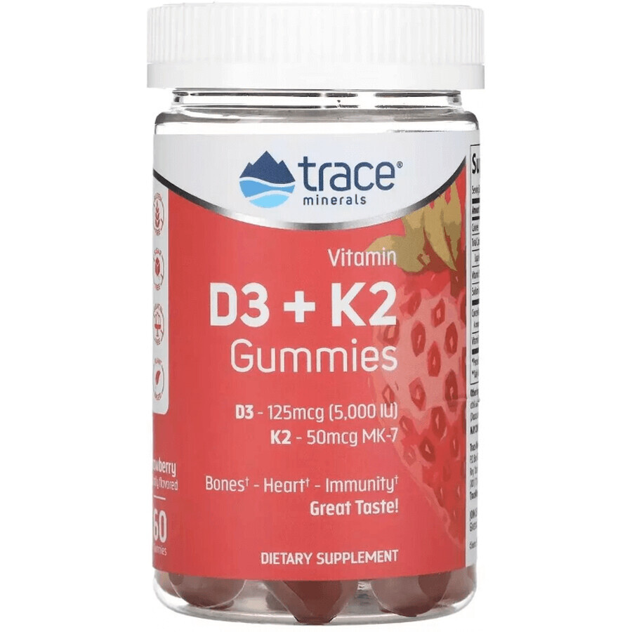 Вітамін D3 та K2, смак полуниці, Vitamin D3 + K2 Gummies, Trace Minerals, 60 жувальних цукерок: ціни та характеристики