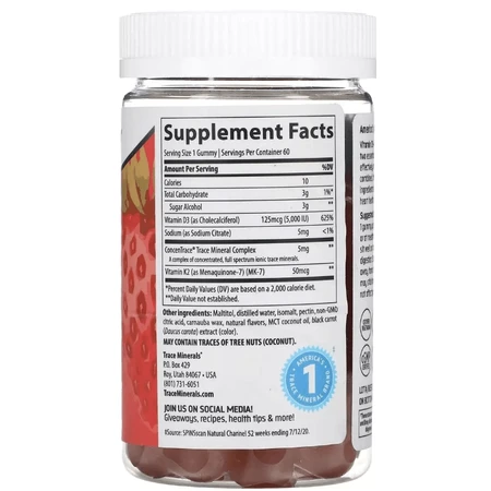 Витамин D3 и K2, вкус клубники, Vitamin D3 + K2 Gummies, Trace Minerals, 60 жевательных конфет: цены и характеристики