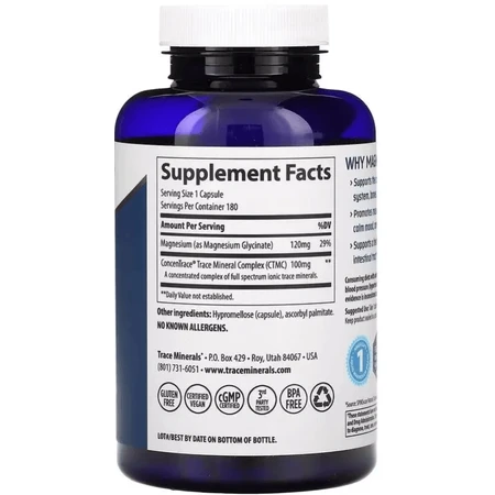 Гліцинат магнію, 120 мг, Magnesium Glycinate, Trace Minerals, 180 капсул: ціни та характеристики