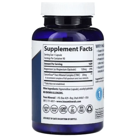 Гліцинат магнію, 120 мг, Magnesium Glycinate, Trace Minerals, 90 капсул: ціни та характеристики