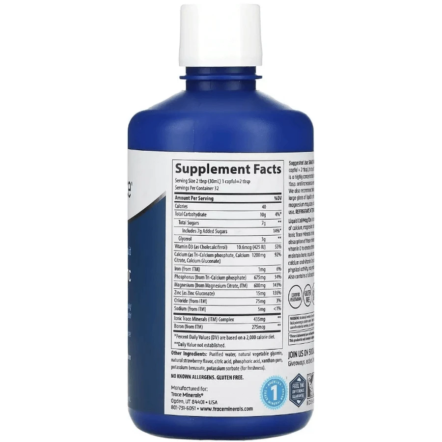 Жидкий кальций, магний, цинк, вкус клубники, Liquid Cal Mag Zinc, Trace Minerals, 946 мл: цены и характеристики