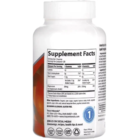 Магний, вкус мандарина, Magnesium Gummies, Trace Minerals, 120 жевательных конфет: цены и характеристики