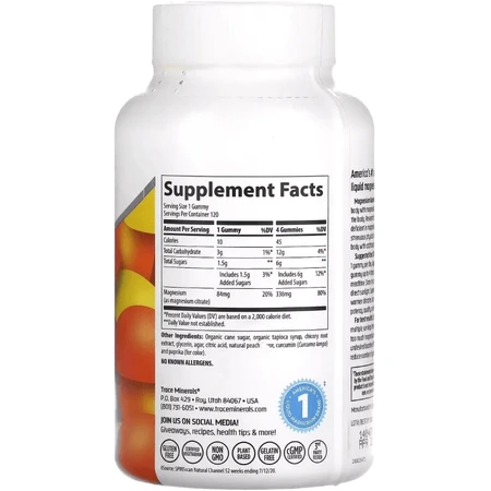 Магний, вкус персика, Magnesium Gummies, Trace Minerals, 120 жевательных конфет: цены и характеристики