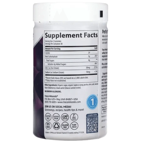 Цинк, 30 мг, смак бузини, Zinc Gummies, Trace Minerals, 60 жувальних цукерок: ціни та характеристики
