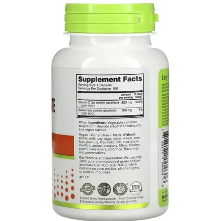 Аскорбат натрію, Sodium Ascorbate, NutriBiotic, 100 вегетаріанських капсул: ціни та характеристики