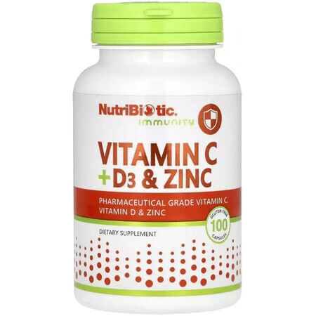 Витамин C, D3 и цинк, Immunity, Vitamin C, D3 & Zinc, NutriBiotic, 100 капсул