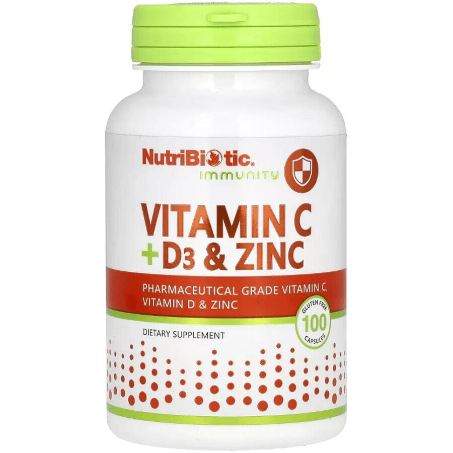Вітамін C, D3 та цинк, Immunity, Vitamin C, D3 & Zinc, NutriBiotic, 100 капсул: ціни та характеристики