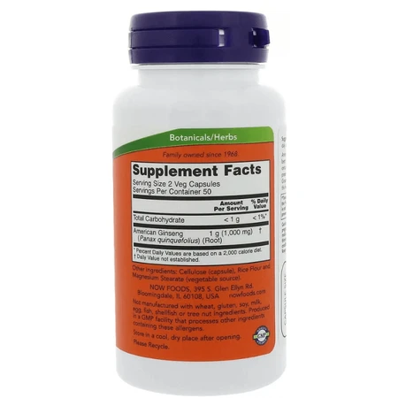 Женьшень американский, American Ginseng, Now Foods, 500 мг, 100 вегетарианских капсул: цены и характеристики