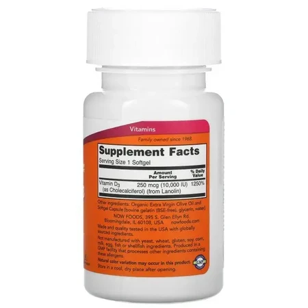 Now Foods Vitamin D3 Вітамін D3 250 мкг 10 000 МО 240 капсул: ціни та характеристики