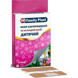 Family plast пластир бактерицидний на полімерній основі 19 мм х 72 мм — 25 мм х 72 мм, набір дитячий №20