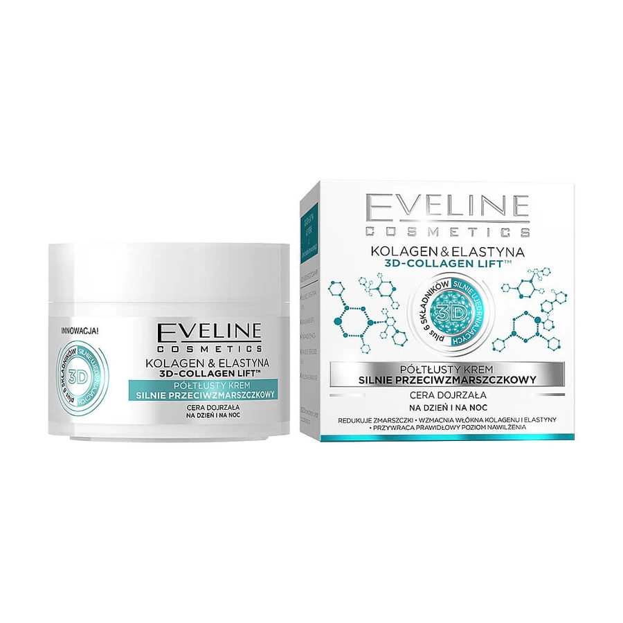 Крем для обличчя Eveline Cosmetics Колаген & Еластин, напівжирний, активне омолодження, для зрілої шкіри, 50 мл: ціни та характеристики