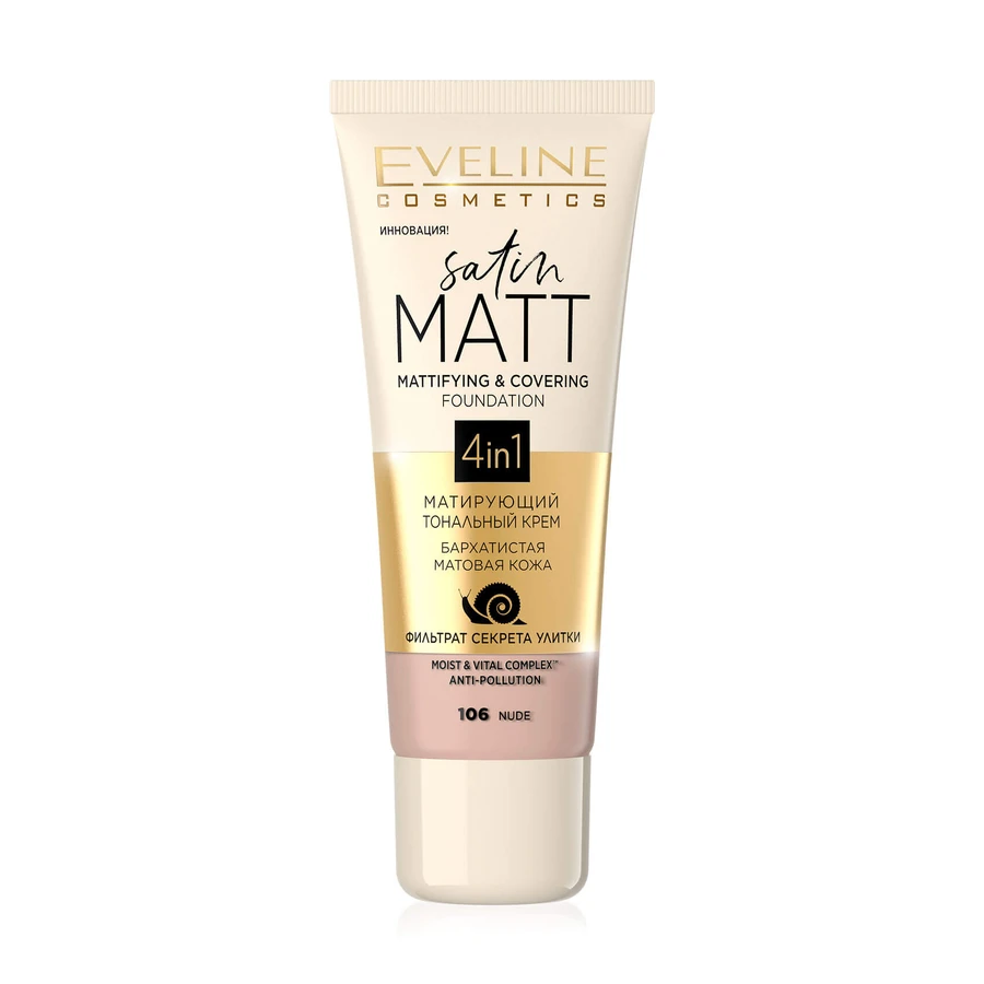 Матувальний тональний крем для обличчя Eveline Cosmetics Satin Matt Mattifying & Covering Foundation 4in1, тон 106 Nude, 30 мл: ціни та характеристики