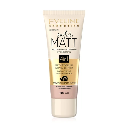 Матувальний тональний крем для обличчя Eveline Cosmetics Satin Matt Mattifying & Covering Foundation 4in1, тон 106 Nude, 30 мл: ціни та характеристики