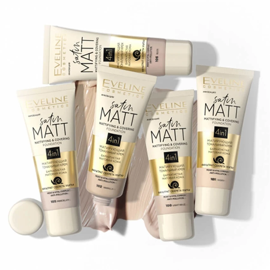 Матувальний тональний крем для обличчя Eveline Cosmetics Satin Matt Mattifying & Covering Foundation 4in1, тон 106 Nude, 30 мл: ціни та характеристики