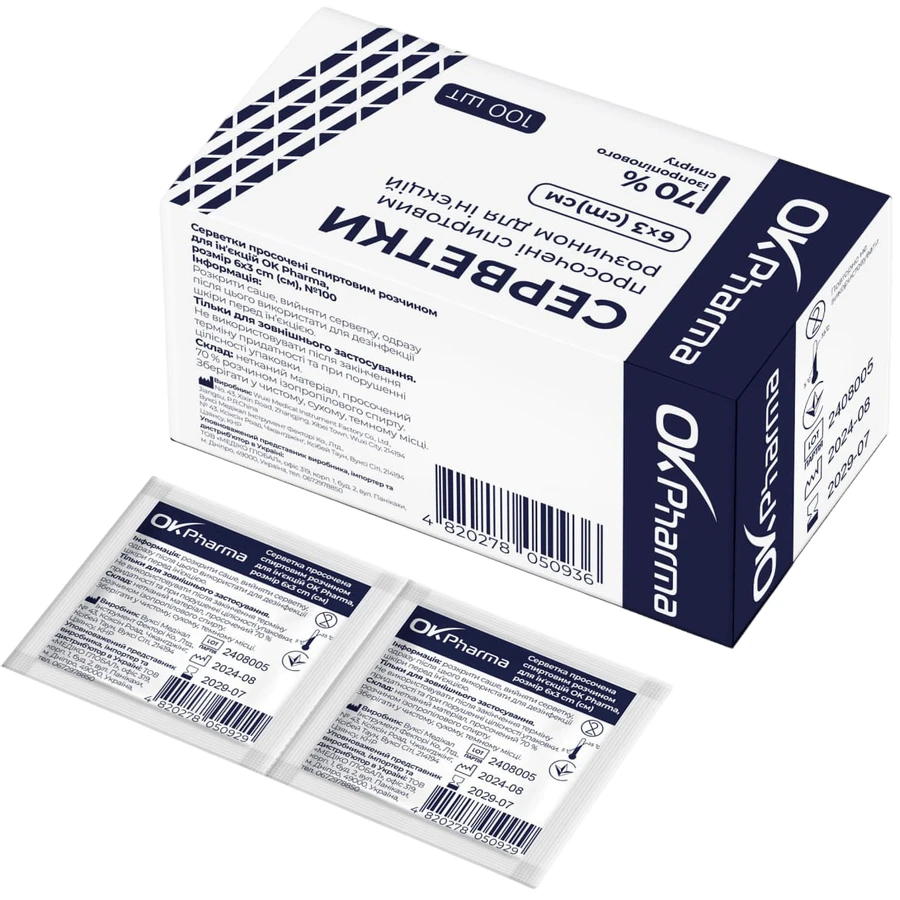 Салфетки ОkPharma одноразовые антисептические со спиртовой пропиткой размер 6 см х 3 см 100 шт: цены и характеристики