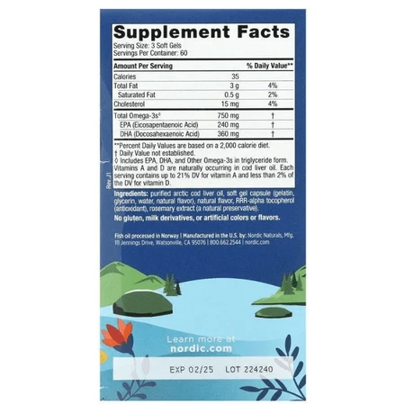 Рыбий жир из печени трески Nordic Naturals Cod Liver Oil 1000 мг, лимон, арктический, 180 капсул: цены и характеристики