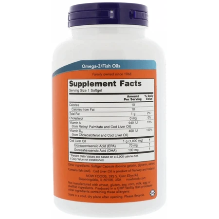 Риб'ячий жир з печінки тріски Now Foods Cod Liver Oil 1000 мг, 180 гелевих капсул: ціни та характеристики