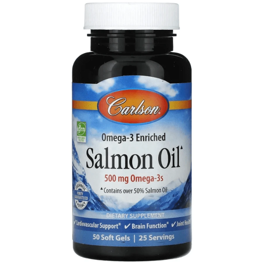 Масло лосося Омега-3 Carlson Omega-3 Enriched Salmon Oil 250 мг, норвежское, 50 гелевых капсул: цены и характеристики