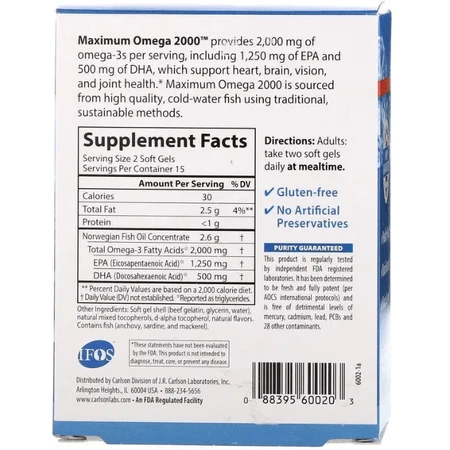 Омега-3 Carlson Maximum Omega 2000 мг, с натуральным вкусом лимона, 30 гелевых капсул: цены и характеристики