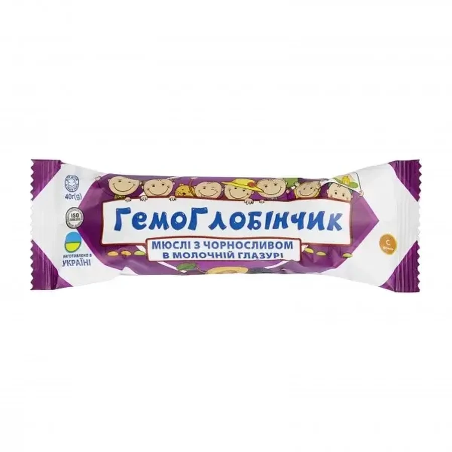 Гемоглобінчик батончик мюслі з чорносливом в молочній глазурі 40 г : ціни та характеристики