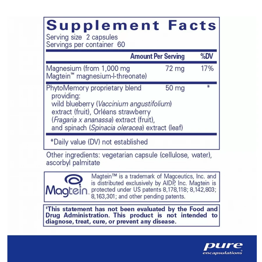 Магній-L-треонат Pure Encapsulations Cogni Mag, для підтримки навчання та пам'яті, 120 капсул: ціни та характеристики