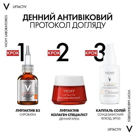 Сироватка для обличчя Vichy Liftactiv з вітаміном C 16% для освітлення тону шкіри та розгладження ліній зневоднення, 20 мл: ціни та характеристики