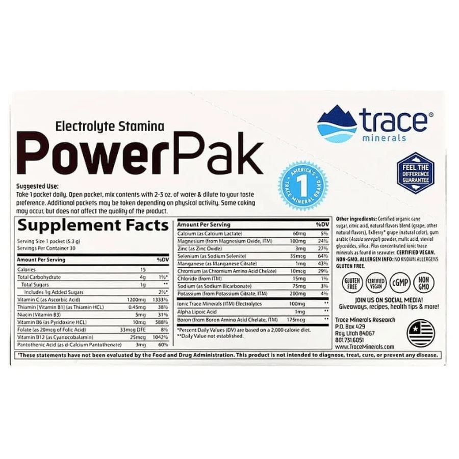 Электролиты Trace Minerals Research Electrolyte Stamina 1200 мг, со вкусом винограда 30 пакетов по 5,3 г: цены и характеристики