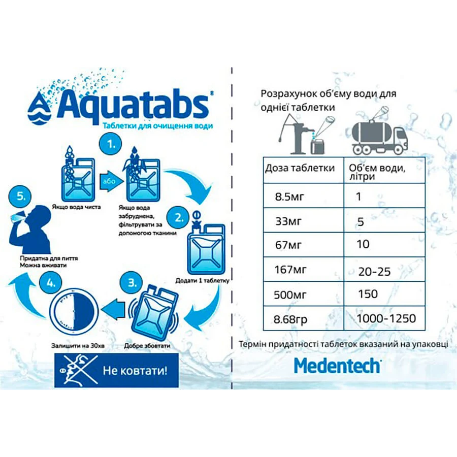 Таблетки для очищення води Medentech Акватабс Aquatabs 500 мг на 150 л, №6: ціни та характеристики