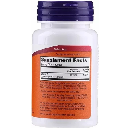 Вітамін Е Now Foods Vitamin E-400 268 мг (400 МО), зі змішаними токоферолами, 50 гелевих капсул: ціни та характеристики