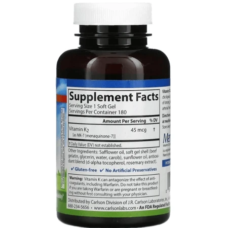 Вітамін К-2 (менахінон) Carlson Vitamin K2 MK-7 45 мкг, 180 гелевих капсул: ціни та характеристики