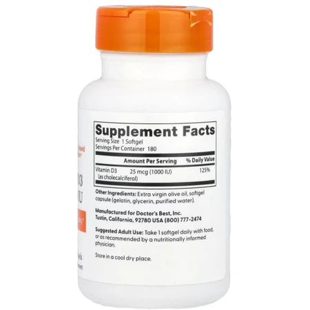 Витамин Д3 Doctor's Best Vitamin D3 25 мкг (1000 МЕ), 180 гелевых капсул: цены и характеристики