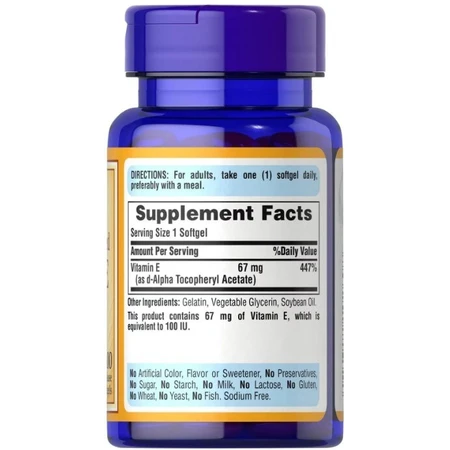 Вітамін Е Puritan's Pride Natural Vitamin E 67 мг (100 МО), 100% натурального походження, 100 гелевих капсул: ціни та характеристики
