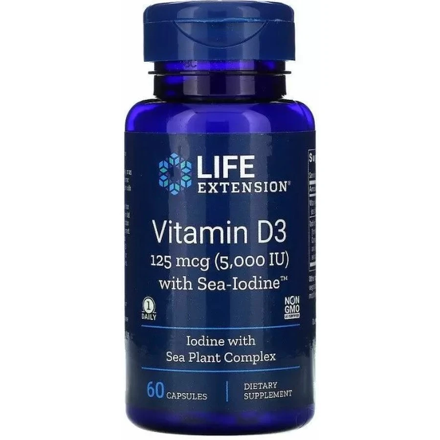 Витамин Д3 Life Extension Vitamin D3 5000 МЕ (125 мкг), с йодом, 60 капсул: цены и характеристики
