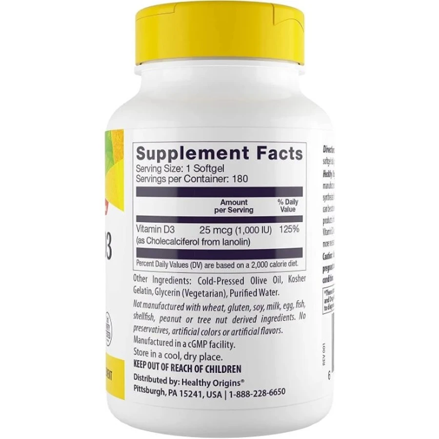 Вітамін Д3 Healthy Origins Vitamin D3 1000 МО, 180 капсул: ціни та характеристики