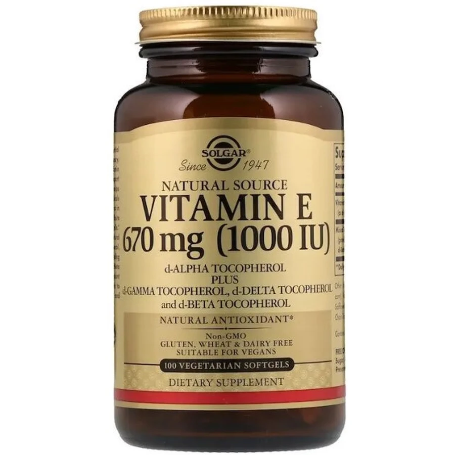 Вітамін Е Solgar Vitamin E 670 мг (1000 МО), натуральний, 100 вегетаріанських гелевих капсул: ціни та характеристики