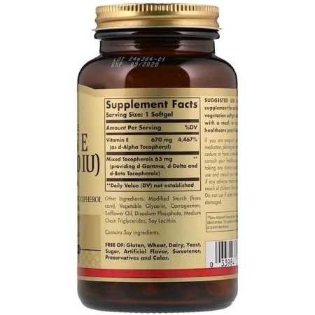 Вітамін Е Solgar Vitamin E 670 мг (1000 МО), натуральний, 100 вегетаріанських гелевих капсул: ціни та характеристики